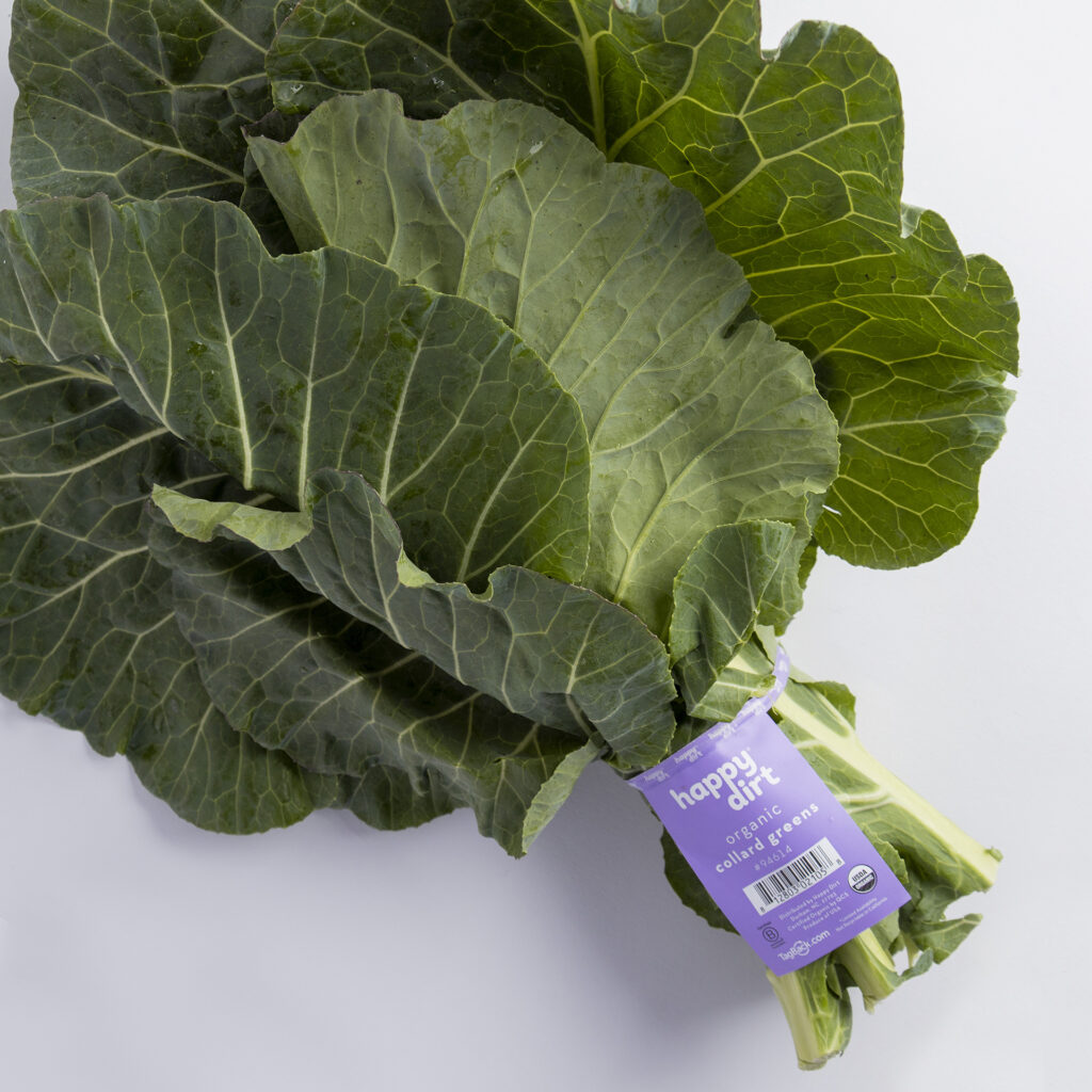 bunched organic collard greens with happy dirt skirt tag