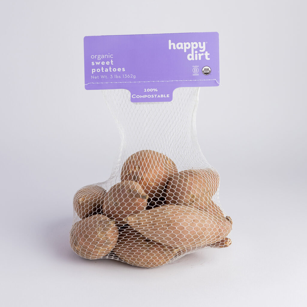 organic covington bagged sweet potatoes on a white backdrop